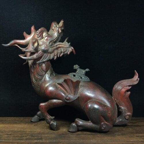13" Tibet Buddhism Temple Old Bronze Cinnabars Chinese Zodiac Dragon Statue Turning back mythical beast incense burner