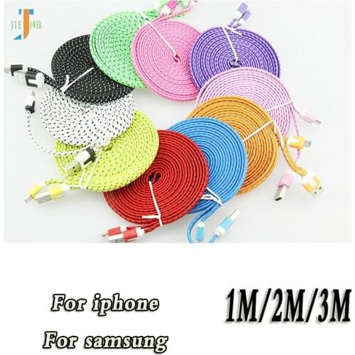 300pcs/lot Micro USB Cable Flat Noodle Nylon Fabric Microusb Charger Cord for Iphone 8 7 6 Redmi Note5 Tablet Mobile Phone Cable