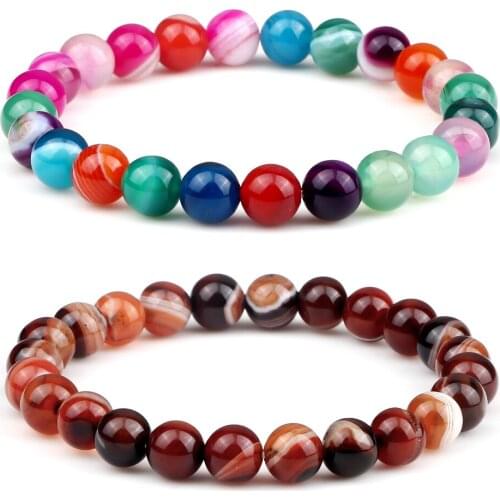 8mm Colorful Natural Agates Stone Bracelet For Men Women Striped Beads Elastic Strand Bracelets&Bangles Gift Yoga Prayer Jewelry