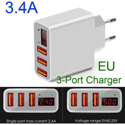 AC 110V 220V Smart 3.4A 3 Port USB Charger LED Display Fast Phone Charger Adapter Wall Travel Charger EU round PLUG for Phone