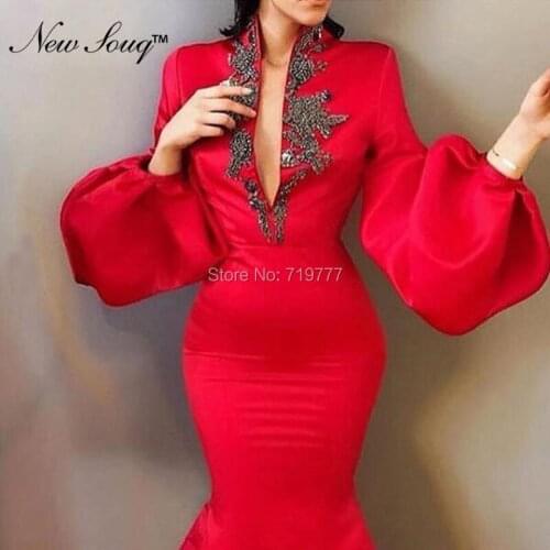 Arabic Muslim Mermaid Red Evening Dress Turkish Aibye Deep V Neck Prom Dresses African Saudi Party Gowns Robe De Soiree 2019