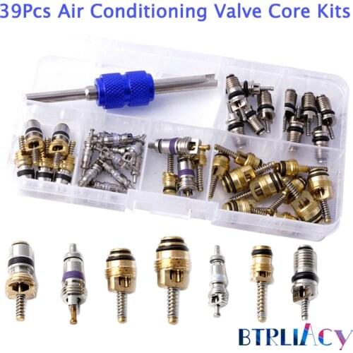 BTRLIACY 39Pcs/Set R12 R134A Car A/C Core Valves Automotive Air Conditioning Assortment Kit AC Schrader Valve Cores Tool Kit