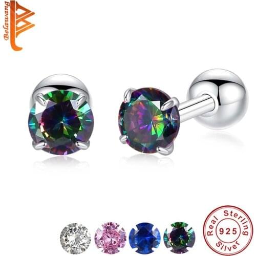 BELAWANG Elegant Square Crystal Stud Earrings For Women Ladies 925 Sterling Silver AAA+ Zirconia Earrings Wedding Jewelry Gift