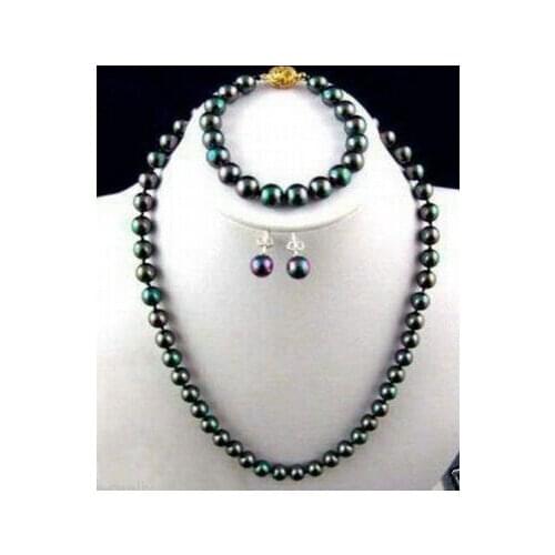 Free Shipping Jewelry 001337 Fashion Handmade 8mm Black Round Shell Pearl Necklace Bracelet Earring Jewel Set ()