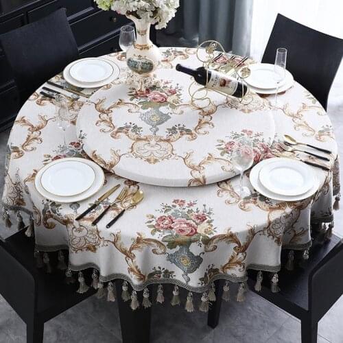 Beige Retro Tassel Round Tablecloth 150 180cm for Party Events Jacquard 3D Floral Table Covers European Fabric Turntable Cover