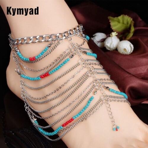 Kymyad Bohemian Ankle Bracelet Green Resin Stone Jewelry Anklets for Women Multilayer Link Chains Beach Accessories Boho Jewelry