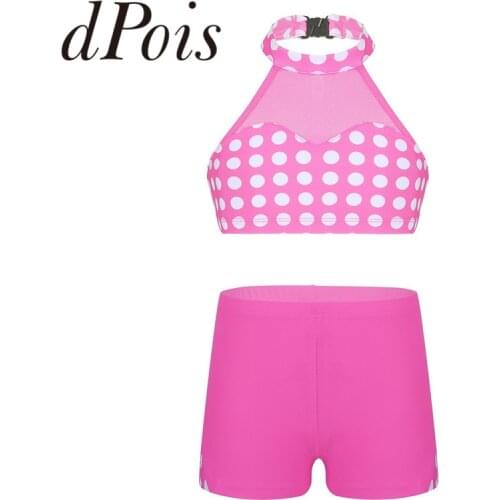 Kids Girls Workout Dancewear Outfit Sleeveless Halter Polka Dots Pattern Mesh Splice Crop Top with Shorts Set Gymnastic Swimwear