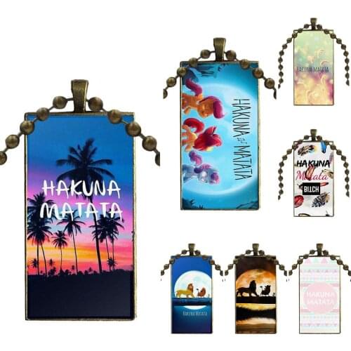 For Girls Gifts Glass Cabochon Jewelry Bronze Color With Long Pendant Choker Rectangle Necklace Lion King Hakuna Matata Black