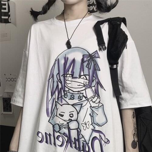 Gothic Loose Black Harajuku Anime Cartoon Print Women Tops Punk Short Sleeve Vintage Vintage Dropshipping Cotton Black T-shirts