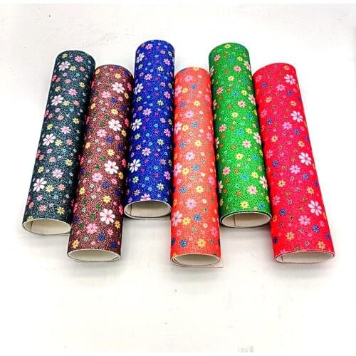 Colorful Flower Printed Fine Glitter Faux Artificial Leather Fabric Sheet for Making Shoe/Bag/Clothing/Decorative/Hair Bow