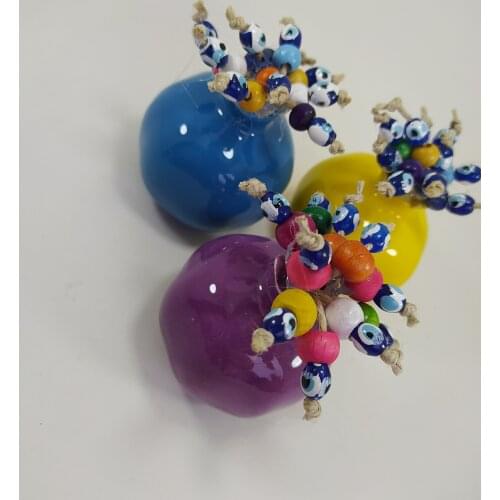 Ceramic Pomegranates with Evil Eyes Set of 3 Turkish Handmade Amulet Talisman Boho Home Decor Protector Made in Turkey
