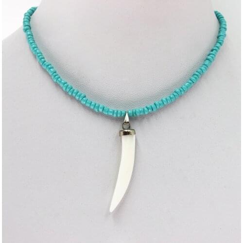 KBJW Original Shell Material Horn Pendant Choker Bohemian Blue Glass Beads Short Necklace for Women