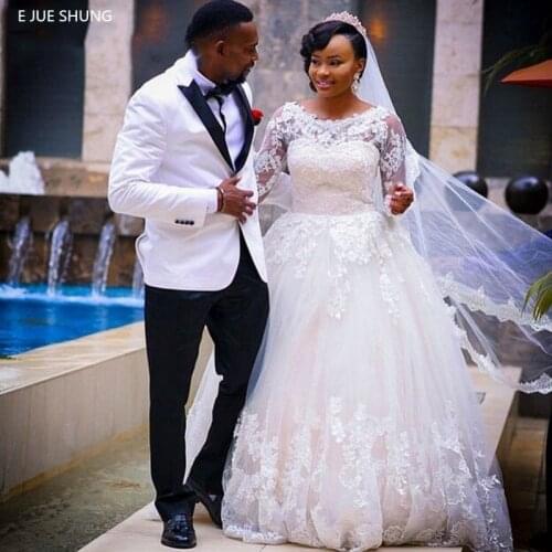E JUE SHUNG White Lace Appliques Wedding Dresses Long Sleeves Bride Dresses Wedding Bridal Gowns