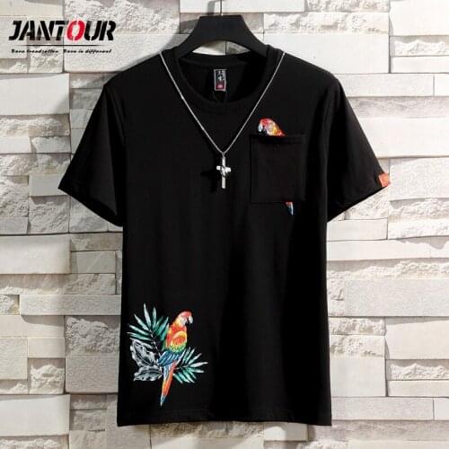 Mens Animal Embroidery T-Shirt 2021 Summer Chinese Style Magpie Bird 100% Cotton Trend Couple Dress Short Sleeve Black White