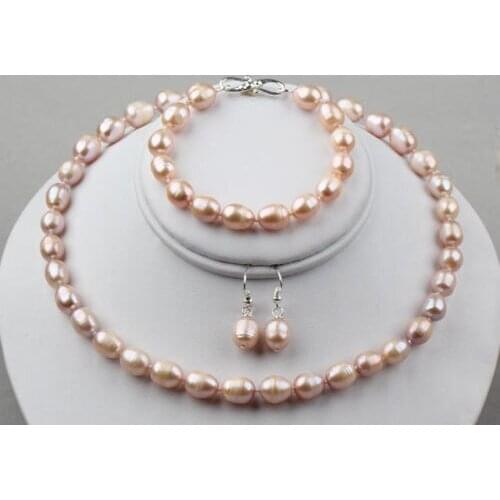 Natural Pink Rice Freshwater Pearl Necklace Bracelet, Earrings set S shape clasp 9-10MM