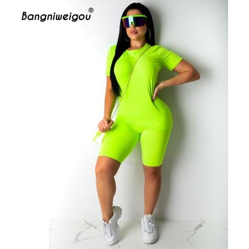 Bangniweigou Neon Solid Two Piece Set Casual Short T Shirt & Biker Shorts Set Streetwear Outfits Women Workout Clothes Tracksuit