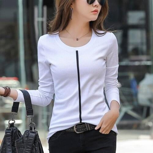 New Women Clothes 2021 Spring Slim Pullovers White Black O Neck Long Sleeve T-Shirts Ladies Fashion Tops