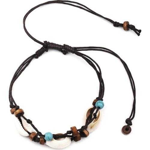 New Boho Natural Sea Shell Stone Anklets For Women Wood Bead Seashell Ankle Bracelet On Leg Foot Chain Wax Rope Anklet Beach Jew