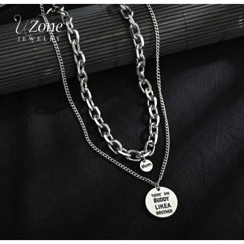 UZone Punk Stainless Steel Letter Round Discs Pendant Necklace Double-layer Chain Necklaces For Women Men Party Jewelry Gift