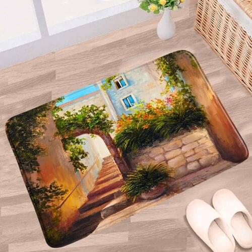 Scenery Bathroom Mat Town Garden Spring Plant Flower Pattern Non-slip Rugs Flannel Home Decor Bath Kitchen Doorway Aisle Carpet