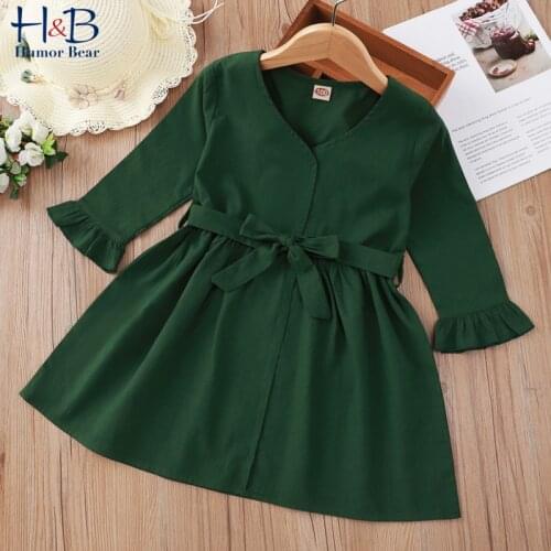 Humor Bear Girls Dress New Spring Autumn Solid Color Long Sleeve V-neck Ruffle Priness Party Dress