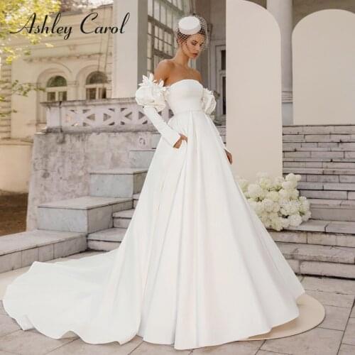 Ashley Carol A-Line Wedding Dress 2021 Charming Strapless Satin Bride Beaded Flower Removable Puff Sleeve Princess Bridal Gowns