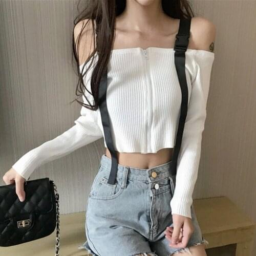 Zipper Sweater Women Off Shoulder Sexy Slash Neck Sling Jumper Female Long Sleeve Knitted Sweaters Knitwear W1