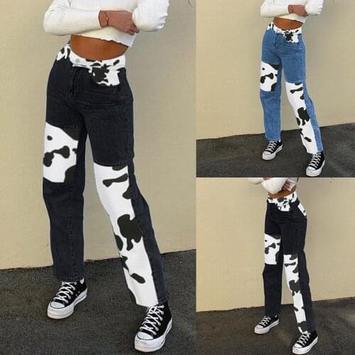 Womens Fashion Casual Cow Stitching High Waist Thin Straight Jeans
