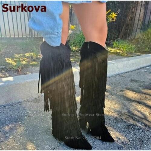 Surkova Sexy Chunky Heel Fringe Knee Boots Women Pointy Toe Tassel Long Boots Fall Winter Dress Shoes Outdoor Footwear Size46