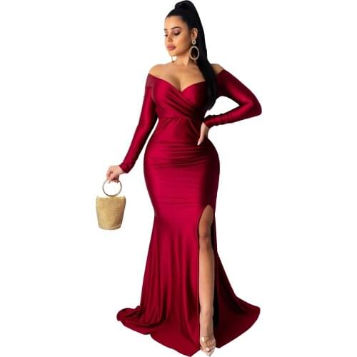 Sexy Off Shoulder Plunging V-neck High Side Split Mermaid Dress Party Dresses Women Evening Elegant Night Club Long Maxi Dress