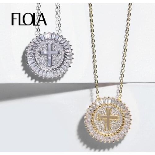 FLOLA Cubic Zirconia Gold Cross Necklace Women With Crystal Cross Pendant Long Chain Necklace CZ Christian Jewelry nkep11