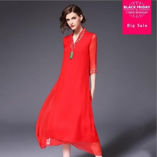 European station 2018 summer tassel printing loose plus size improved cheongsam ladies dress V-neck high quality dress L672