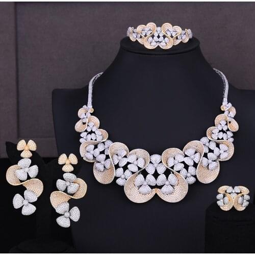 LARRAURI Luxury Flowers Leaf Full Cubic Zircon Nigerian Necklace Earring Bangle Ring 4PCS Jewelry Sets For Women Wedding