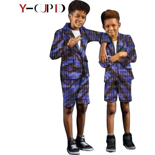 African Clothes for Kids Boys Print Outfits Bazin Riche Children Slim Fit Jacket Coats and Half Pants 2 Pieces Sets YS204019