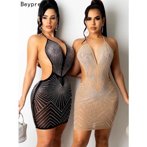 Beyprern Chic Sheer Mesh Patchwork Crystal Studded Short Party Dress New Summer Backless Skinny Party Club Wear Birthday Outfits