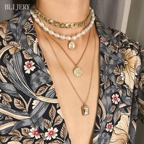 BLIJERY Punk Multi Layered Pearl Choker Necklace Statement Virgin Mary Coin Crystal Pendant Necklace Women Collar Jewelry Gift
