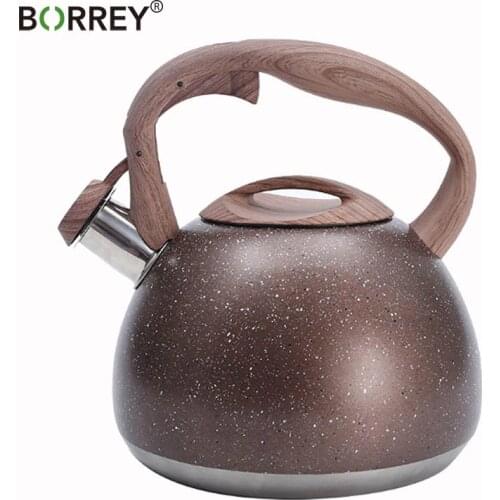 BORREY 3L Stainless Steel Whistle Kettle Gas Cooker Induction Kettle Wood Grain Handle Flat Bottom Large Capacity Kettle Teapot