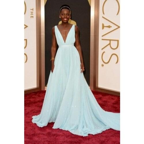 Long V-Neck Chiffon Celebrity Dresses with Pockets A-Line Robe De Soiree Floor Length Pleated Formal Dresses for Women