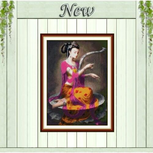 Dunhuang woman playing the lyre on lotus platform diy print on canvas DMC 11CT 14CT Cross Stitch kits embroidery needlework Sets