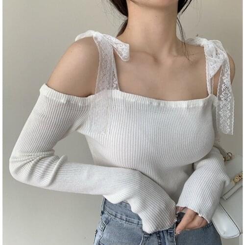 Chic Temperament Thin Off Shoulder Top Slash Neck Long Sleeve Lace Tie T Shirt Mesh Strap Tees Korean Hot Sexy 7UE8