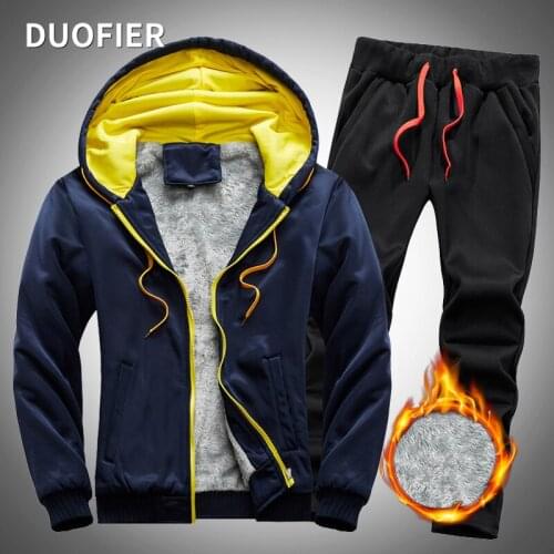 Fashion Winter Man 2 Pieces Set Thick Sweatshirt + Trouser Sportswear Suit Hooded Fleece Coat Solid Men Set Casual Jacket Sets