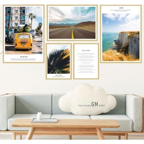 Seascape Wall Sticker Road Yellow Bus Wallpaper Modern Home Decoration For Living Room Bedroom Self Adhesive Wall Decal