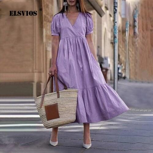 2021 Summer Casual Loose Cotton Linen Dress Women V-neck Puff Sleeves Solid Dress Plus Size Fashion Elegant Ladies Party Dresses
