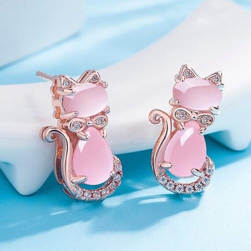BLACK ANGEL Fashion Luxury Rose Quartz Pink Crystal Earrings for Women Aros Mujer Orecchini Cute Cat Stud Earring Jewelry Gift
