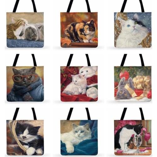 Cute Pastoral Cat Oil Painting Print Tote Bag For Women Casual Tote Outdoor Beach Bag Ladies Shoulder Bag Foldable Shopping Bag