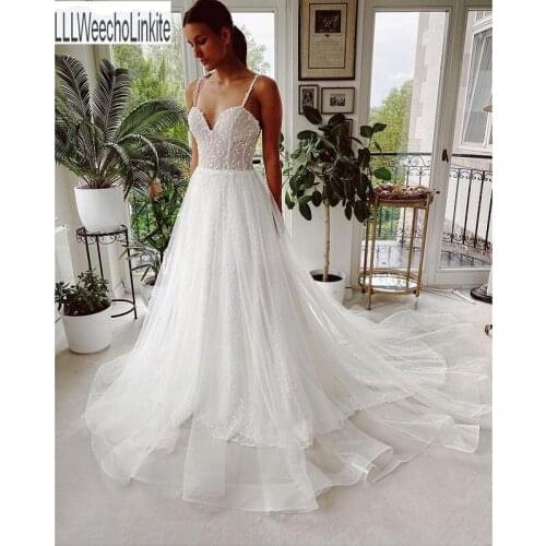Ivory Tulle Lace Beading Spaghetti Straps Sweetheart Floor-Length A-Line Wedding Dresses Chapel Train Custom Made