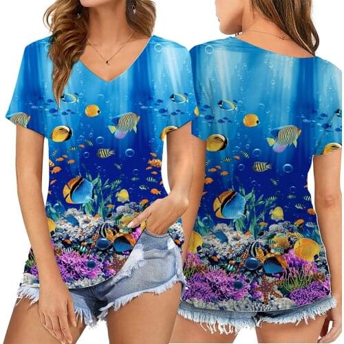 Underwater World T Shirt Life Print Women T Shirt Short Sleeve V Neck Loose Women Tshirt Ladies Summer Tops Clothes
