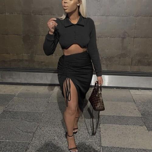 Women Two Piece Suits Long Sleeve Lapel Single Breasted Solid Color Crop Top & Drawstring Slit Midi Skirt Set