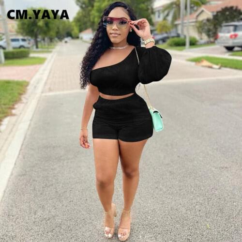 CM.YAYA Women Set Solid One Shoulder Full Puff Sleeve Skew Collar Crop Tops Pockets Shorts Two Piece Set Tracksuit Summer Outfit