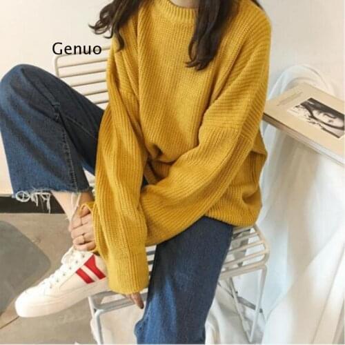 Yellow Big Size Knitting Sweater Loose Fit Round Neck Long Sleeve Women Pullovers New Fashion Autumn Winter 2021